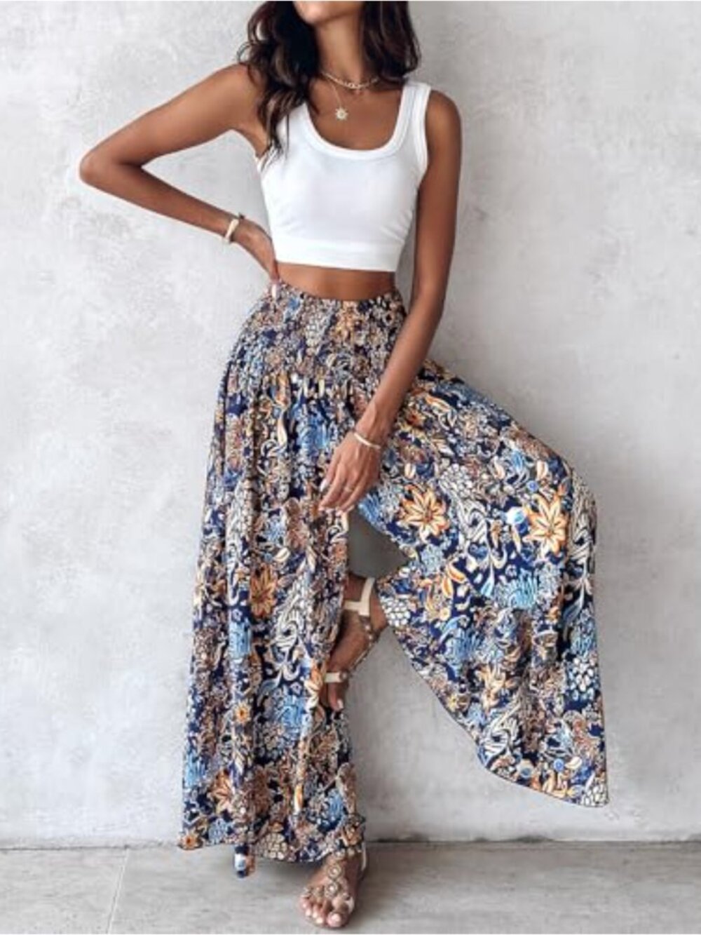Boho Floral Shirred High Waisted Wide Leg Palazzo Pants Flowy Summer Beach - Picture 4 of 6